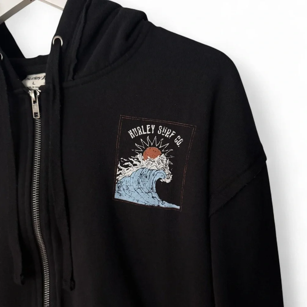 Hurley Surf Co. Black Graphic Printed Full Zip Hoodie Sweatshirt Jacket Medium - Picture 7 of 7